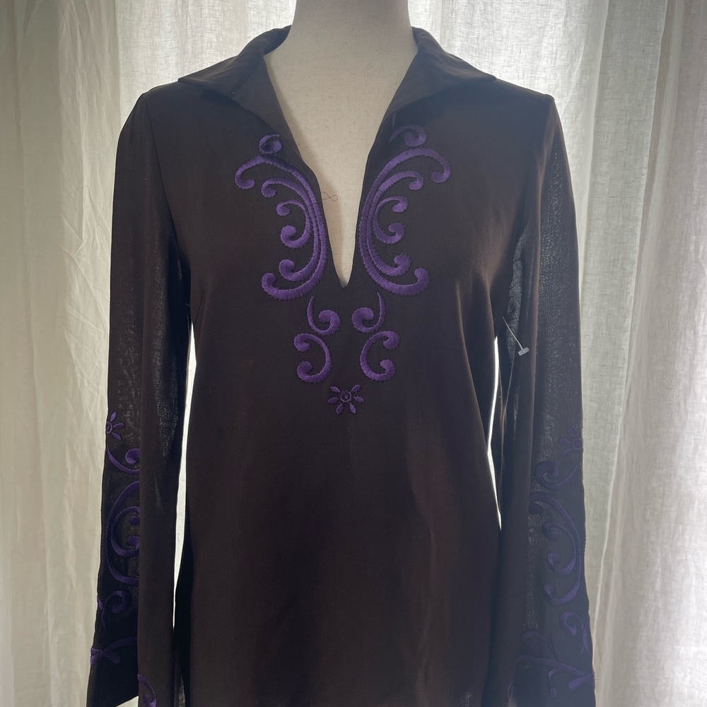 Tory Burch Chocolate Tunic with Violet Embroidery